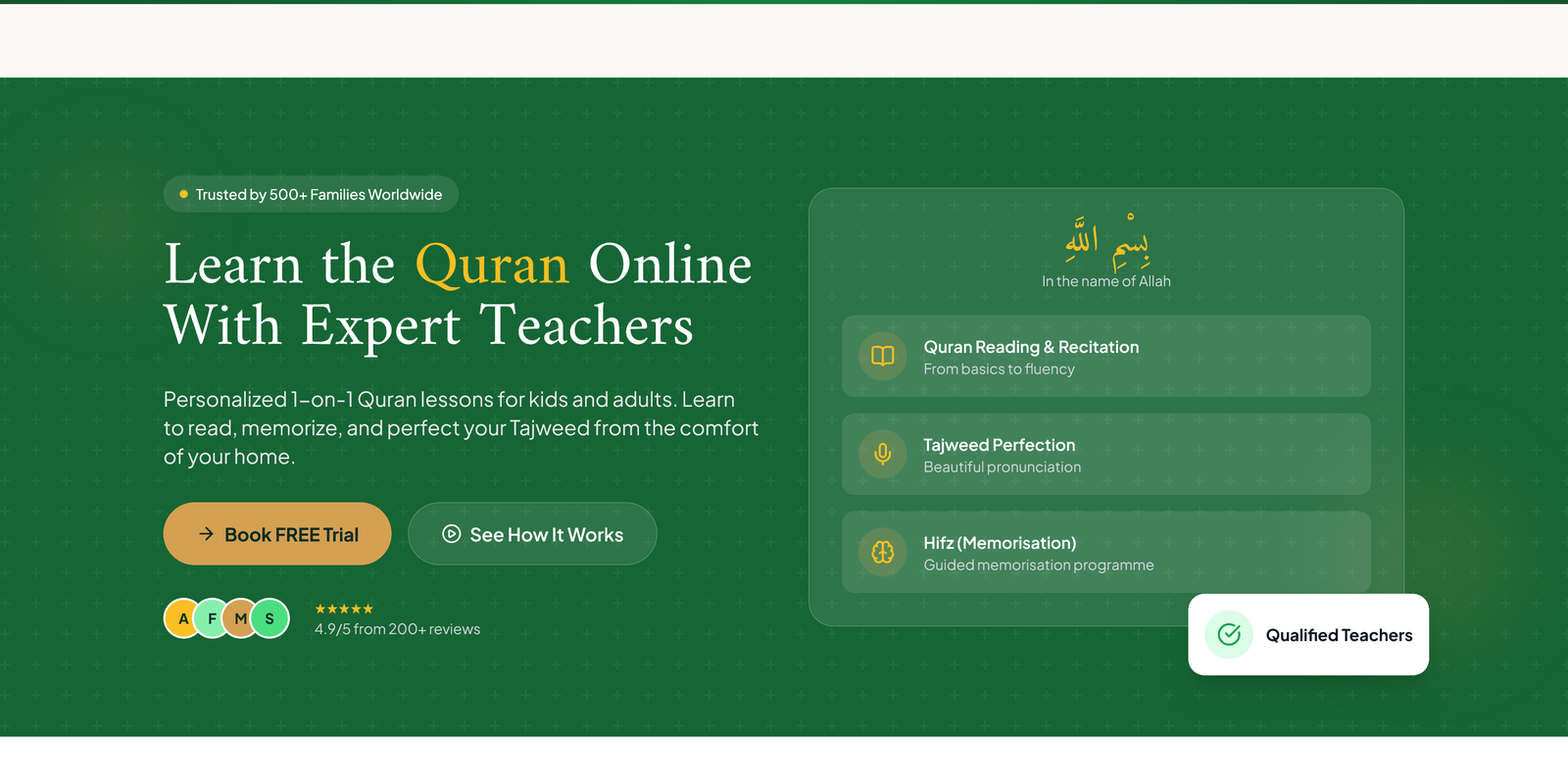 Alizz Online Madrasah homepage hero: Learn the Quran online with expert teachers, with a Book Free Trial call to action