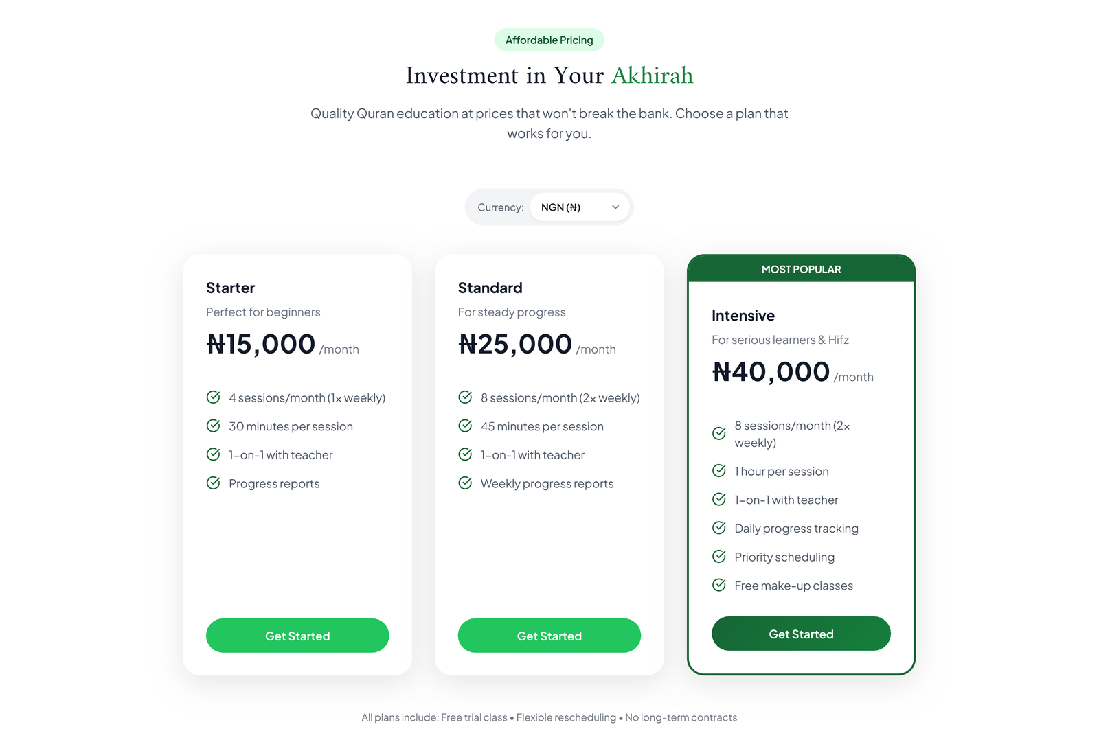 Three Naira pricing plans with per-session details and Get Started buttons, Intensive flagged most popular