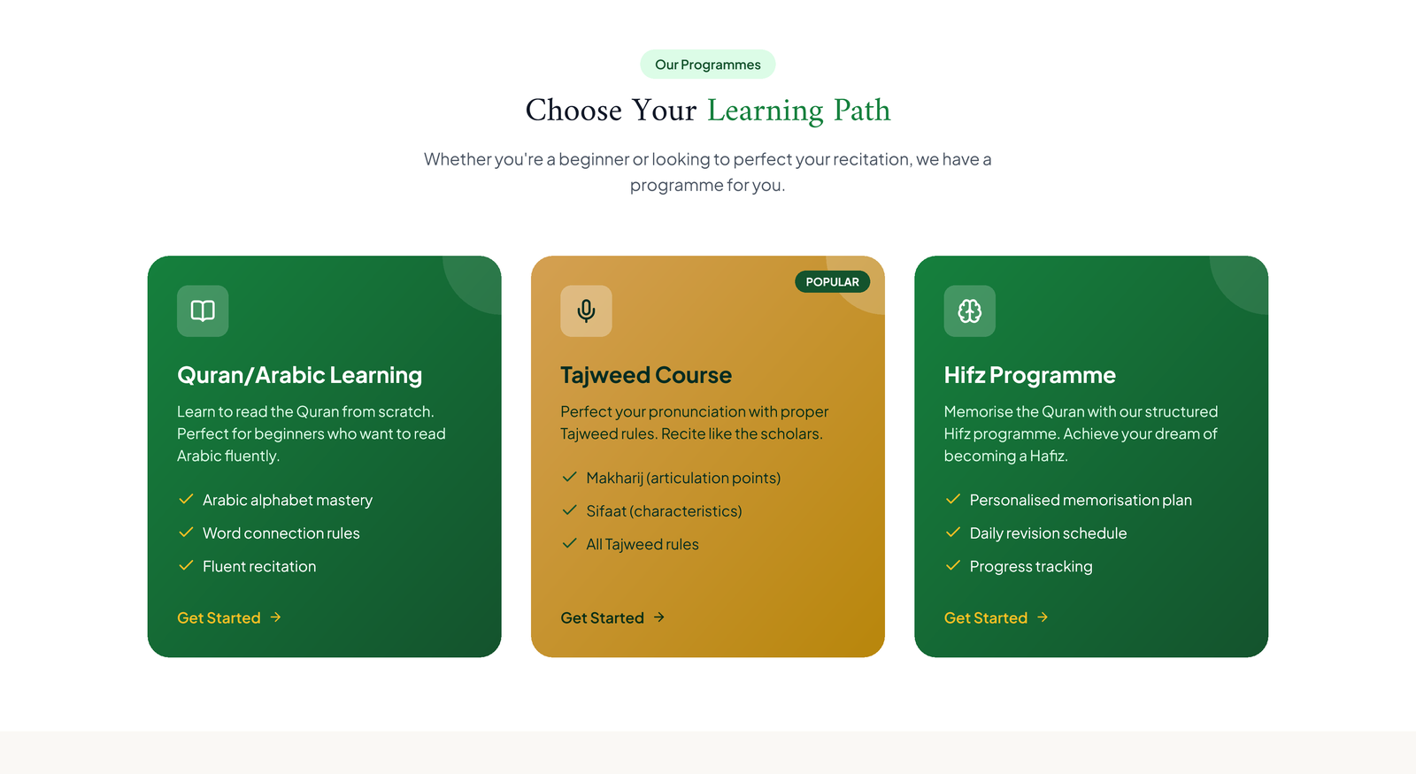 The three programme cards on the Alizz site: Quran and Arabic Learning, Tajweed Course, and Hifz Programme