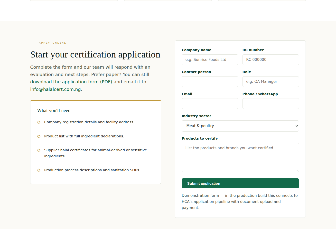 The online certification application form with a what-you'll-need checklist