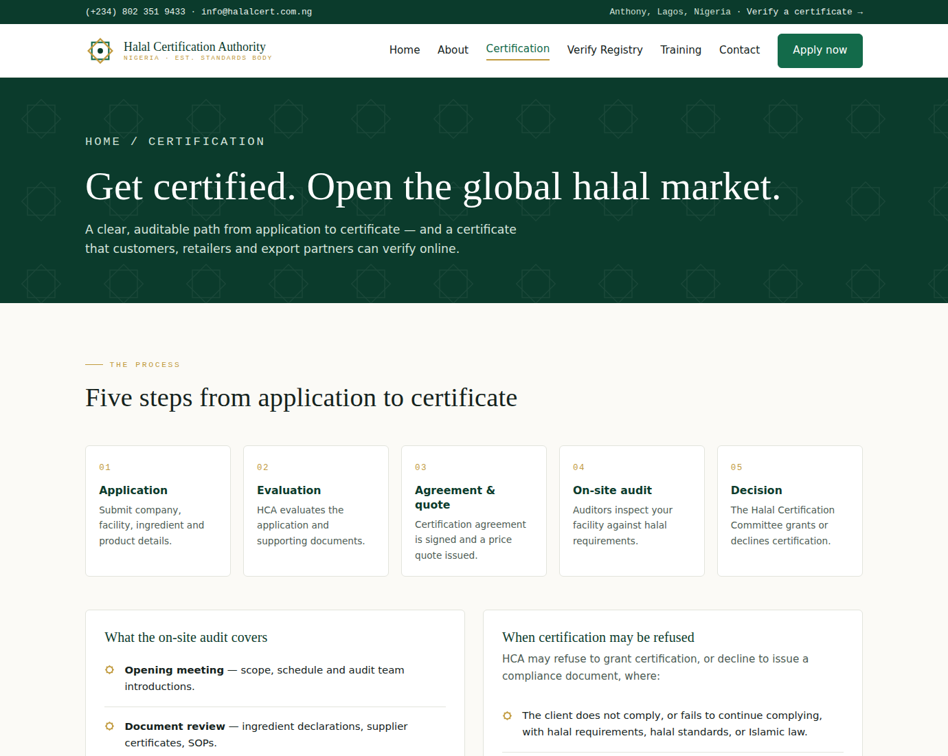 The Certification page presenting the five-step process from application to certificate