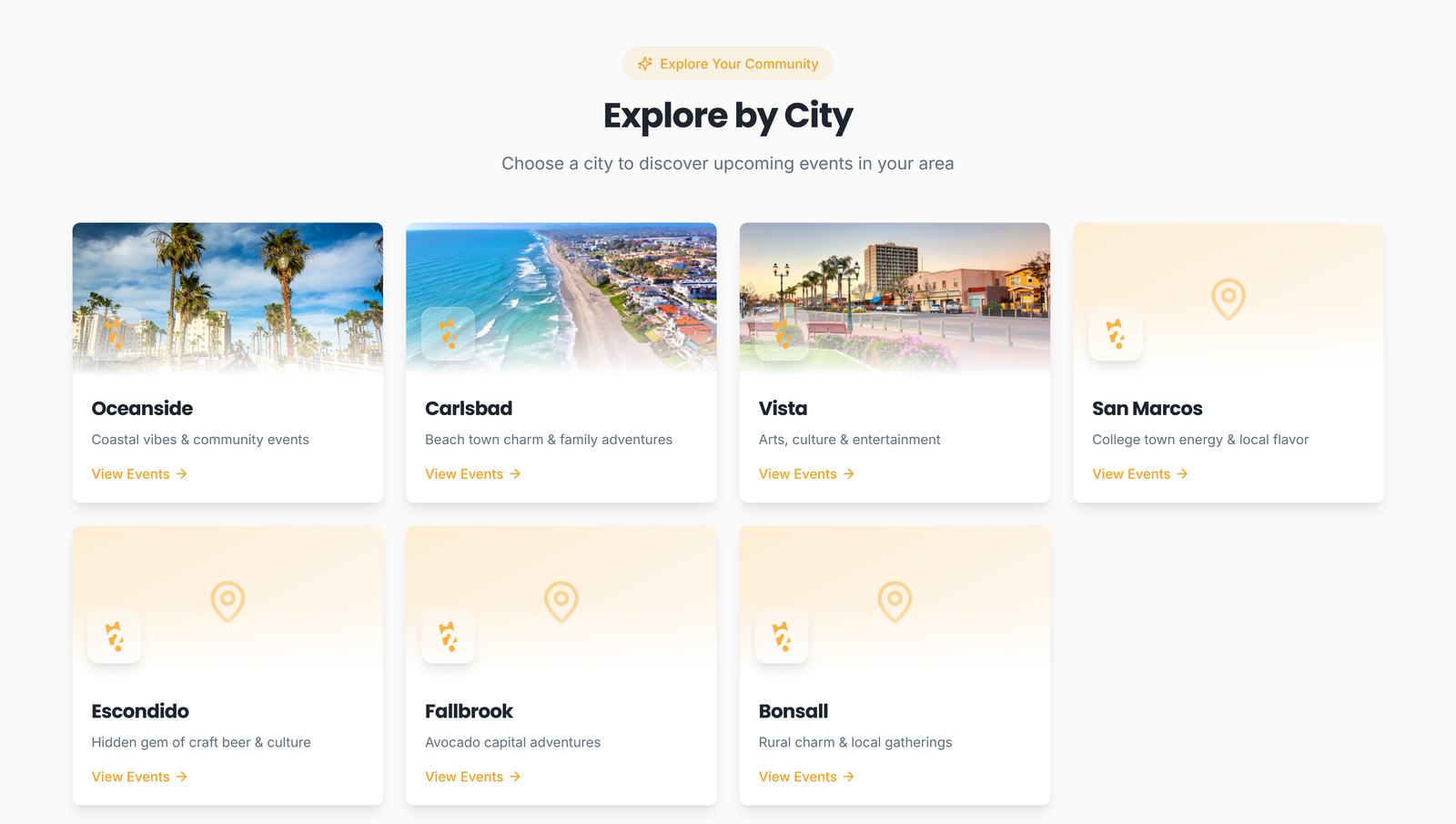 Explore by City section with cards for the seven North County cities