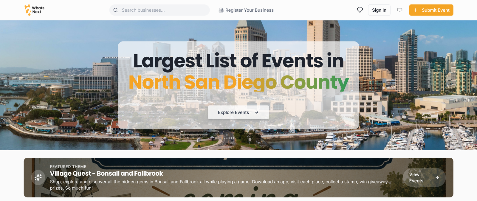 WhatsNext homepage: events in North San Diego County, with search, business registration, and event submission